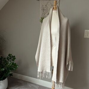Fringed cream shawl sleeved wrap sweater shrug OS